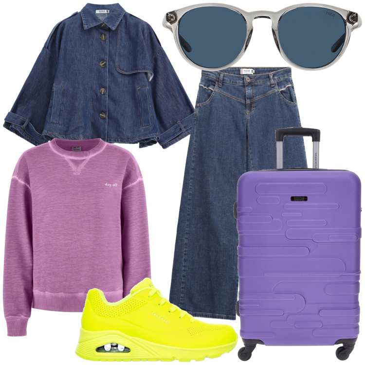 Outfit donna - Un viaggio a colori. Stile Trendy per Tutti i giorni. Abbinamento con jeans, blazer, felpe, occhiali da sole, sneakers, valigie.