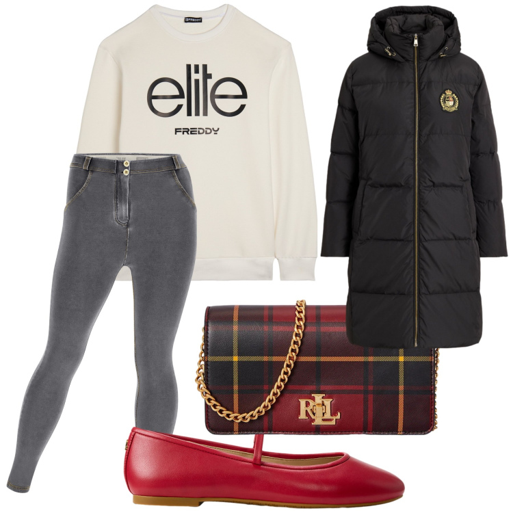 Outfit donna - Total look. Stile Urban per Tutti i giorni. Abbinamento con felpe, jeggings, ballerine, borse a mano, piumini.