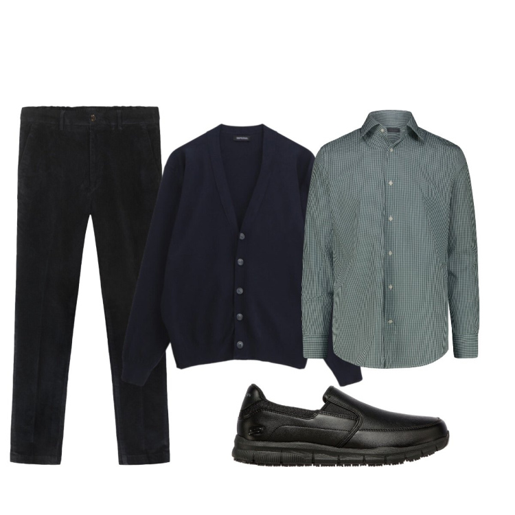 Outfit uomo - In ufficio. Stile Business/Elegante per Ufficio. Abbinamento con cardigans, scarpe stringate, camicie, pantaloni.