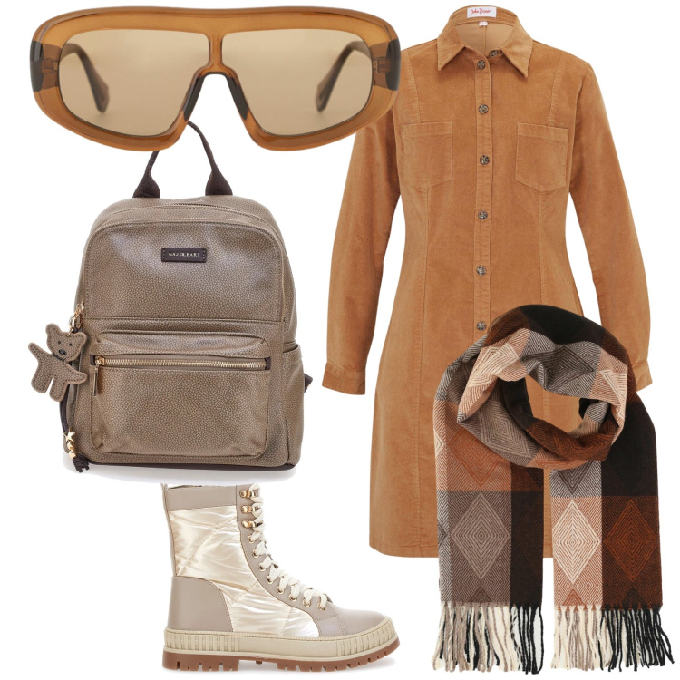 Outfit donna - Per tutto il giorno. Stile Casual chic per Tutti i giorni. Abbinamento con vestiti, sciarpe, occhiali da sole, stivaletti, zaini.