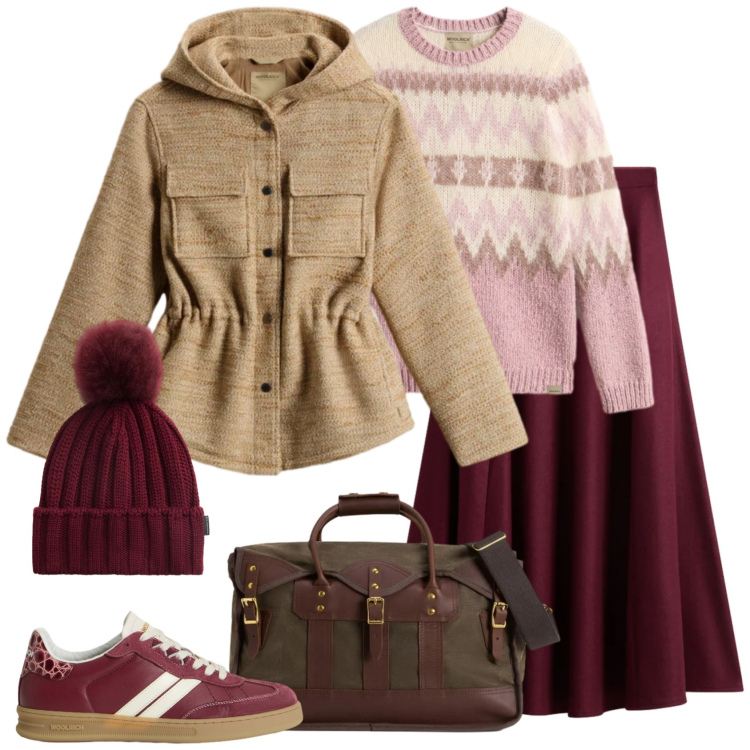 Outfit donna - In bordeaux. Stile Trendy per Scuola/Università. Abbinamento con blazer, borse a tracolla, sneakers, gonne lunghe, berretti, maglieria.