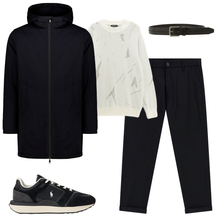 Outfit uomo - Shopping. Stile Urban per Tutti i giorni. Abbinamento con pantaloni, maglieria, cinture, sneakers, parka.