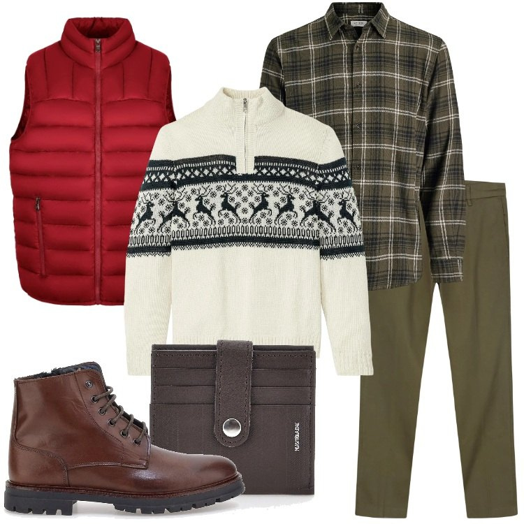 Outfit uomo - Giornata di shopping natalizio. Stile Casual per Tutti i giorni. Abbinamento con camicie, maglieria, gilet, pantaloni chino, portafogli, anfibi.
