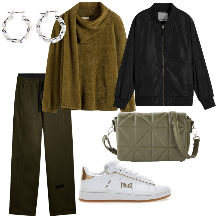 Outfit donna - A spasso con Laki. per Tutti i giorni. Abbinamento con orecchini, bomber, maglieria, borse a tracolla, pantaloni, sneakers.