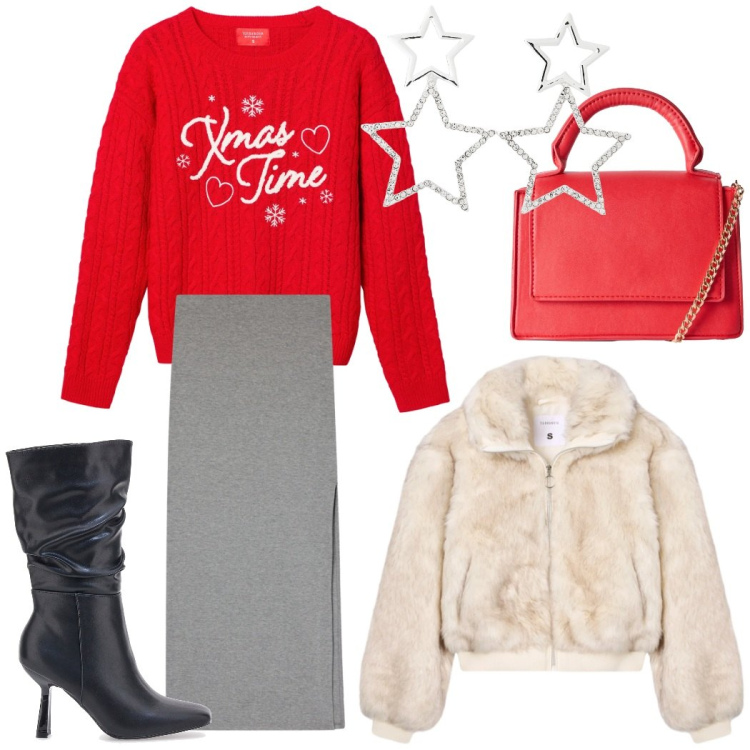 Outfit donna - Xmas time. Stile Casual chic per Serata fuori. look ideale per Tall. Abbinamento con gonne lunghe, borse a tracolla, orecchini, maglieria, ecopellicce, stivali.
