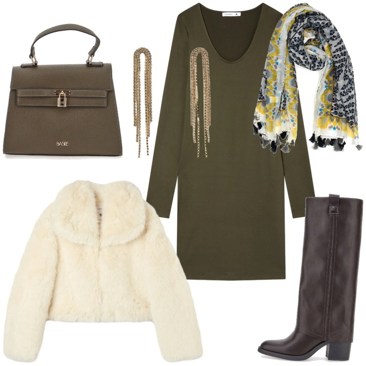 Outfit donna - Passeggiata natalizia. Stile Casual chic per Tutti i giorni. Abbinamento con vestiti, orecchini, ecopellicce, stivali sopra il ginocchio, sciarpe, borse a mano.