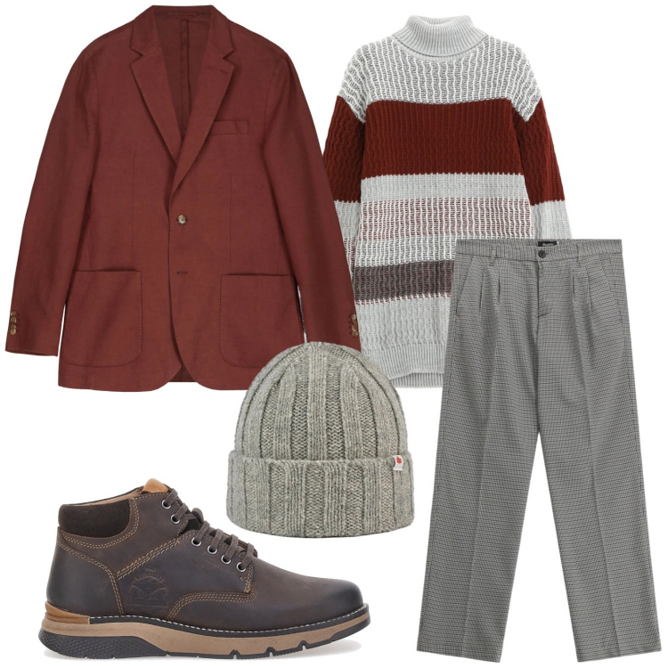 Outfit uomo - Maglione delle feste. Stile Trendy per Tutti i giorni. Abbinamento con maglieria, pantaloni, berretti, giacche, scarpe stringate.