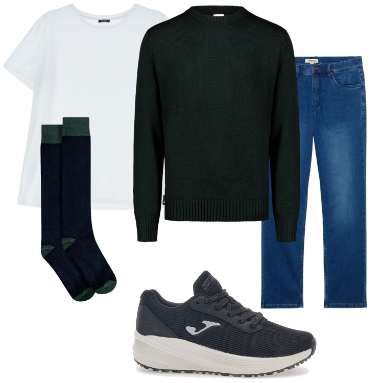 Outfit uomo - Basic. Stile Casual per Tutti i giorni. Abbinamento con jeans, t-shirt, calzini, sneakers, maglieria.