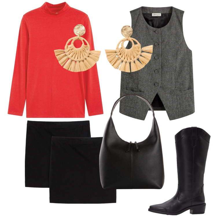 Outfit donna - Domenica sera. Stile Glamour per Serata fuori. Abbinamento con maglieria, stivali, gilet, minigonne, orecchini, shopping bag.