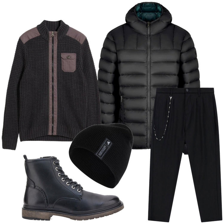 Outfit uomo - Total black d’inverno. Stile Trendy per Serata speciale. Abbinamento con cardigans, pantaloni, piumini, berretti, anfibi.