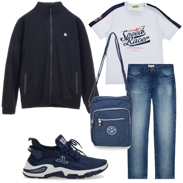 Outfit uomo - Total look #2298229. Stile Casual per Tutti i giorni. Abbinamento con jeans dritti, t-shirt, sneakers, borse sportive, felpe.