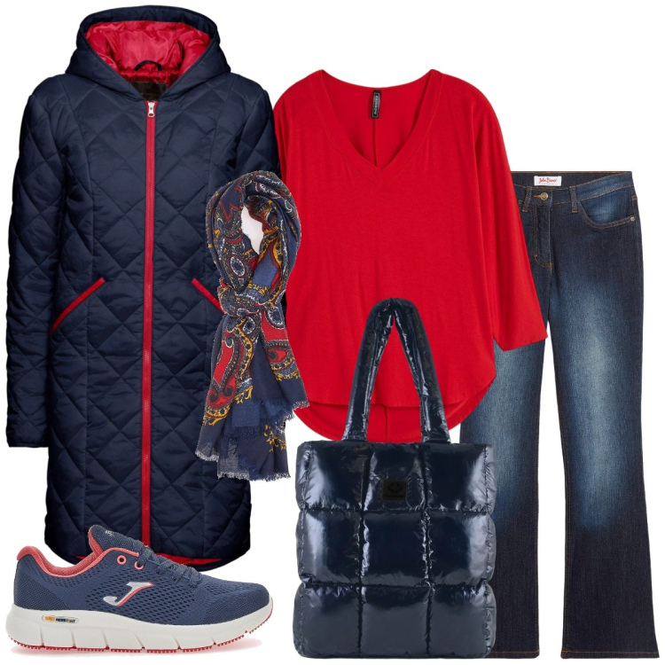 Outfit donna - Total look #2298230. Stile Casual per Tutti i giorni. Abbinamento con maglieria, blazer, jeans bootcut, shopping bag, foulard, sneakers.
