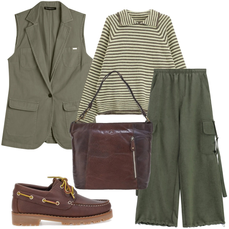 Outfit donna - Military street. Stile Military per Scuola/Università. Abbinamento con maglieria, pantaloni a palazzo, gilet, mocassini, borse a spalla.