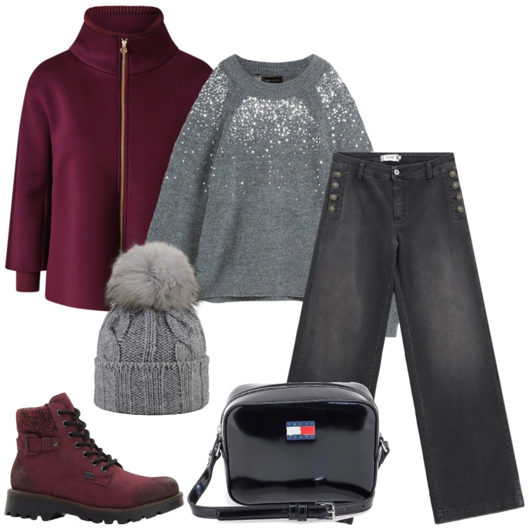 Outfit donna - Total look #2298236. Stile Casual per Scuola/Università. Abbinamento con stivaletti, maglieria, jeans, cappe, berretti, borse a tracolla.