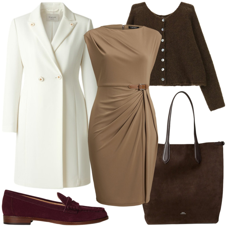Outfit donna - Chic. Stile Chic per Ufficio. Abbinamento con cappotti, cardigans, vestiti, borse tote, mocassini.