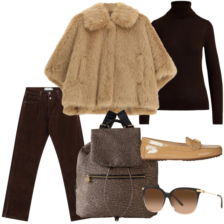 Outfit donna - Ecopelliccia urban. Stile Urban per Tutti i giorni. Abbinamento con pantaloni, blazer, zaini, occhiali da sole, maglieria, mocassini.