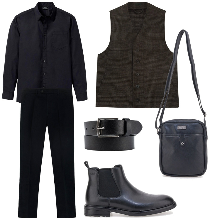 Outfit uomo - Total black. Stile Business/Elegante per Serata speciale. Abbinamento con camicie, gilet, pantaloni, cinture, stivali e stivaletti, borse sportive.