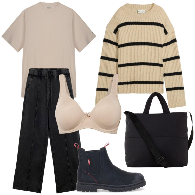 Outfit donna - Comodamente. Stile Casual per Tutti i giorni. Abbinamento con maglieria, reggiseni, shopping bag, pantaloni, stivaletti chelsea, vestiti lunghi.