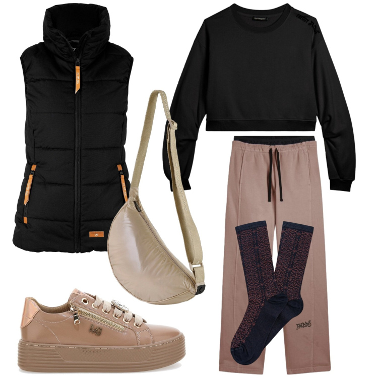 Outfit donna - In centro al volo. Stile Urban per Tutti i giorni. Abbinamento con piumini, pantaloni, felpe, borse sportive, sneakers alte, calzini.