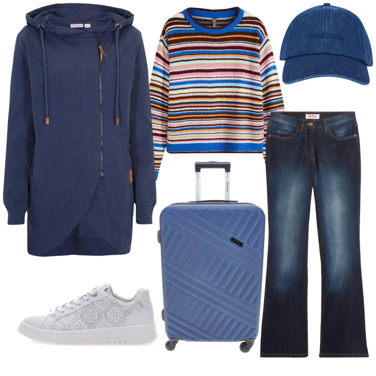 Outfit donna - Total look #2298260. Stile Casual chic per Tutti i giorni. Abbinamento con maglieria, blazer, jeans bootcut, cappelli con visiera, sneakers, valigie.