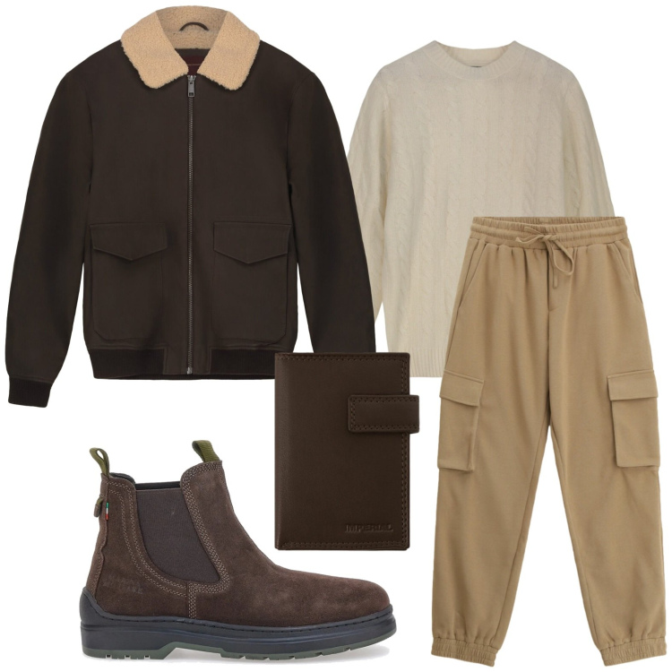 Outfit uomo - Giornata di shopping natalizio. Stile Trendy per Tutti i giorni. Abbinamento con portafogli, pantaloni cargo, stivali e stivaletti, bomber, maglieria.