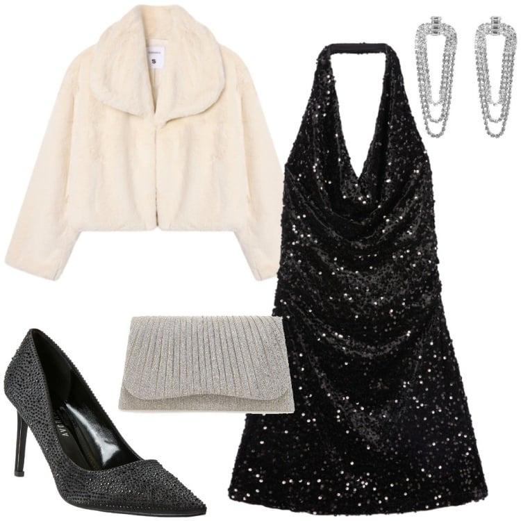 Outfit donna - Party chic. Stile Glamour per Serata fuori. Abbinamento con vestiti corti, décolleté, ecopellicce, orecchini, clutch.