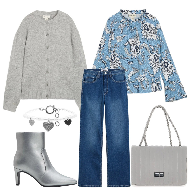 Outfit donna - Total look #2298268. Stile Chic per Tutti i giorni. Abbinamento con jeans, cardigans, bluse, stivaletti, braccialetti, borse a tracolla.