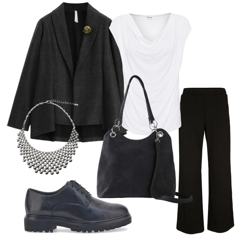 Outfit donna - Serata black. Stile Casual per Serata fuori. Abbinamento con maglieria, pantaloni a palazzo, borse a mano, collane, blazer, scarpe stringate.