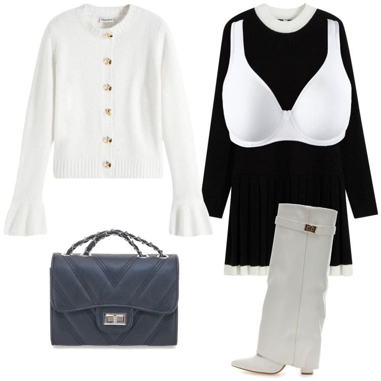 Outfit donna - L\'apericena. Stile Trendy per Serata fuori. Abbinamento con vestiti, reggiseni, cardigans, stivali, borse a tracolla.