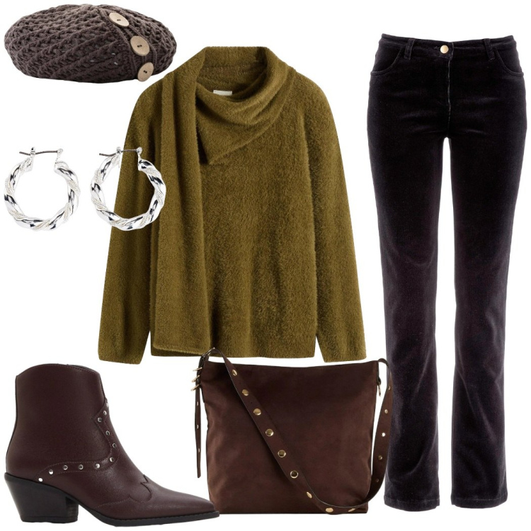 Outfit donna - Casual con stile. Stile Casual chic per Tutti i giorni. Abbinamento con maglieria, pantaloni, stivaletti texani, berretti, orecchini, shopping bag.