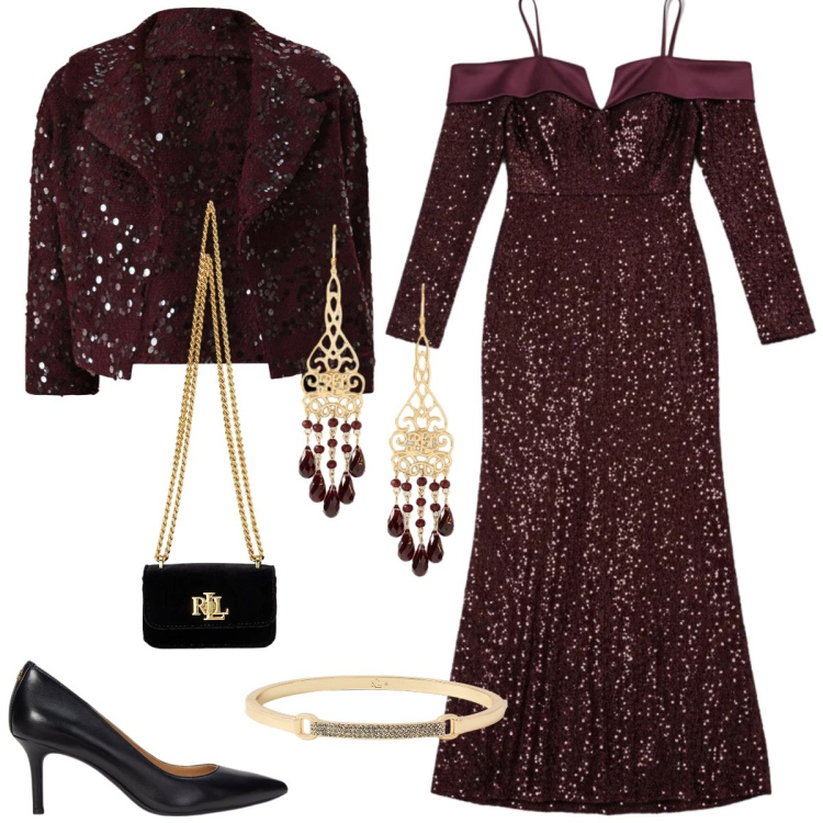 Outfit donna - Total look #2298284. Stile Glamour per Serata fuori. Abbinamento con vestiti lunghi, bolero, décolleté, orecchini, braccialetti, pochette.