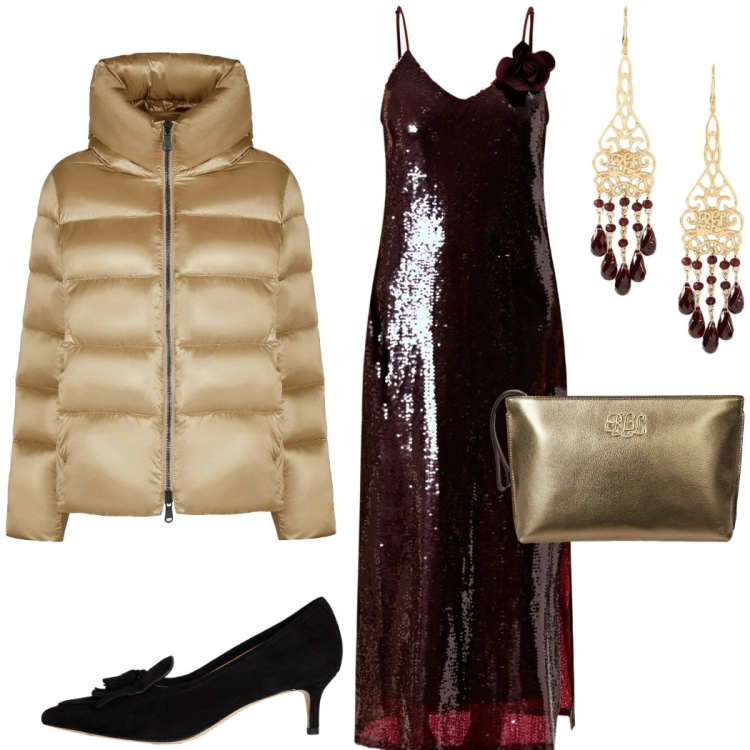 Outfit donna - Feste scintillanti. Stile Glamour per Serata fuori. Abbinamento con vestiti midi/longuette, orecchini, pochette, décolleté, piumini.