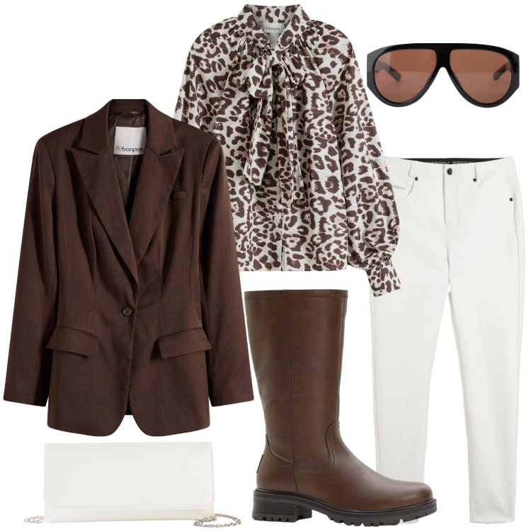 Outfit donna - La camicia col fiocco. Stile Glamour per Tutti i giorni. Abbinamento con pochette, stivali, camicie, blazer, occhiali da sole, pantaloni skinny.