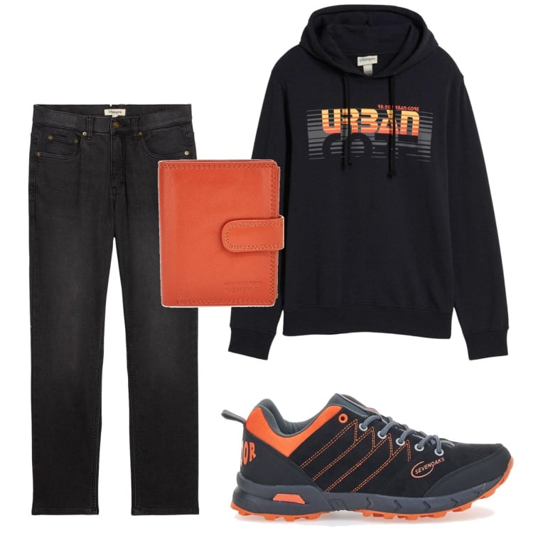 Outfit uomo - Total look #2298292. Stile Urban per Tutti i giorni. Abbinamento con felpe con cappuccio, jeans dritti, portafogli, scarpe sportive.