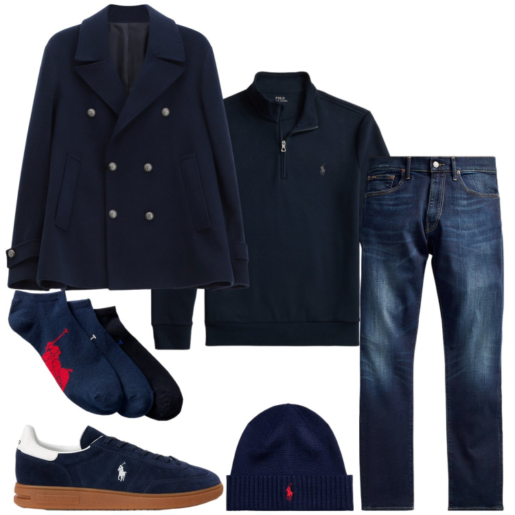 Outfit uomo - Total look #2298293. Stile Urban per Tutti i giorni. Abbinamento con cappotti, berretti, jeans, calzini, sneakers, pullovers.