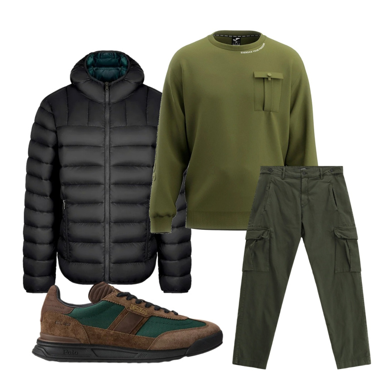 Outfit uomo - Total look #2298295. Stile Urban per Tutti i giorni. Abbinamento con pantaloni cargo, sneakers, piumini, felpe.
