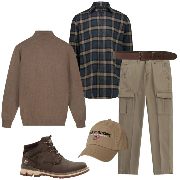 Outfit uomo - Total look #2298298. Stile Casual per Tutti i giorni. Abbinamento con stivali e stivaletti, pantaloni cargo, cinture, cappelli, maglieria, camicie.