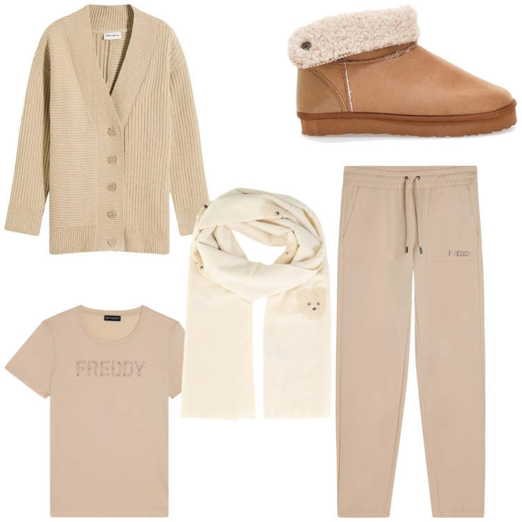 Outfit donna - Relax in casa. Stile Sporty chic per Tutti i giorni. Abbinamento con cardigans, sciarpe, pantaloni, t-shirt, stivaletti.