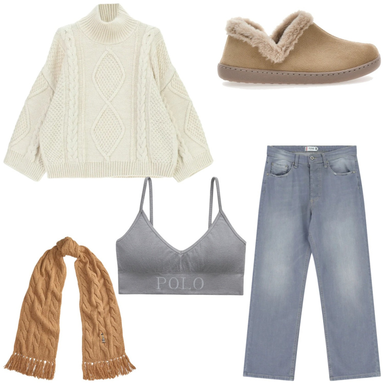 Outfit donna - Look comodo in casa. Stile Minimal per Tutti i giorni. Abbinamento con jeans dritti, maglieria, sciarpe, reggiseni, pantofole.