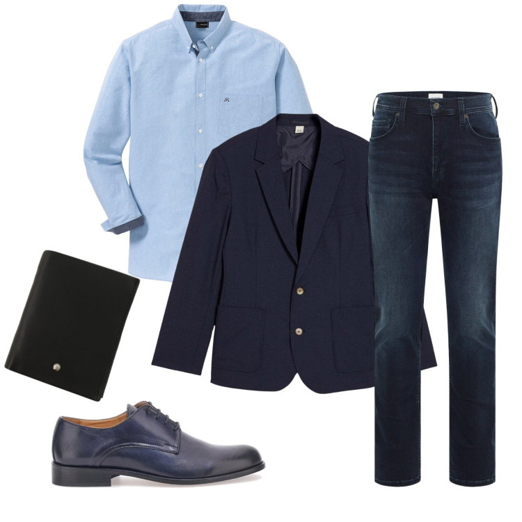 Outfit uomo - Total look #2298303. Stile Business/Elegante per Ufficio. Abbinamento con camicie, jeans slim fit, giacche, portafogli, scarpe stringate.