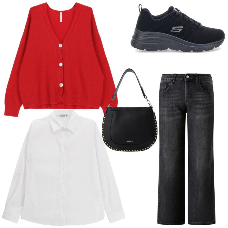 Outfit donna - Un tocco di rosso. Stile Casual chic per Tutti i giorni. Abbinamento con camicie, jeans dritti, borse a spalla, cardigans, sneakers.