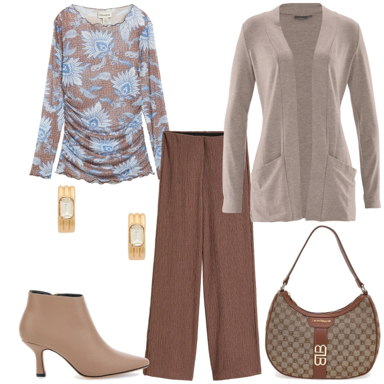 Outfit donna - Total look #2298311. Stile Chic per Tutti i giorni. Abbinamento con cardigans, pantaloni, bluse, orecchini, stivaletti, borse a spalla.