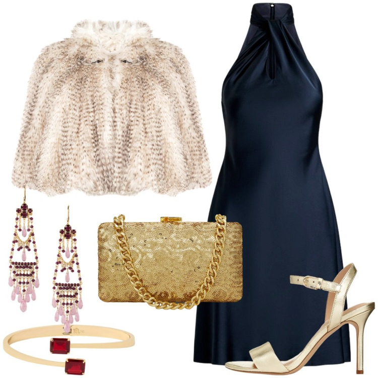 Outfit donna - Capodanno. Stile Glamour per Serata fuori. Abbinamento con ecopellicce, sandali in pelle, vestiti, braccialetti, clutch, orecchini.