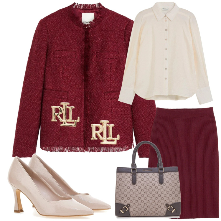 Outfit donna - Pranzo aziendale. Stile Bon Ton per Ufficio. Abbinamento con cappotti, gonne, camicie, orecchini, borse a tracolla, décolleté.