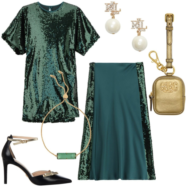 Outfit donna - Brillare a dicembre. Stile Chic per Serata fuori. Abbinamento con vestiti corti, gonne lunghe, décolleté, braccialetti, pochette, orecchini.