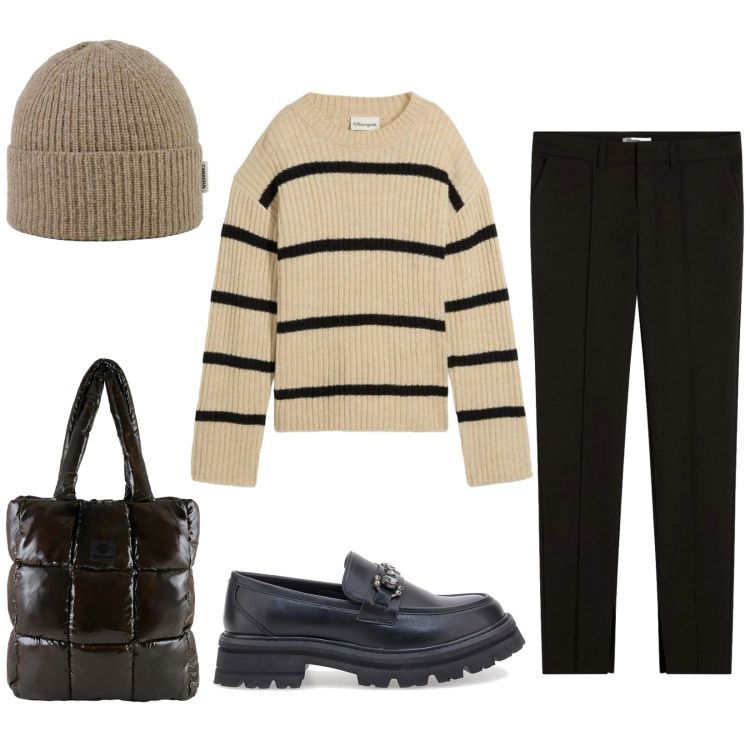 Outfit donna - Minimal. Stile Minimal per Tutti i giorni. Abbinamento con maglieria, pantaloni, shopping bag, berretti, mocassini.