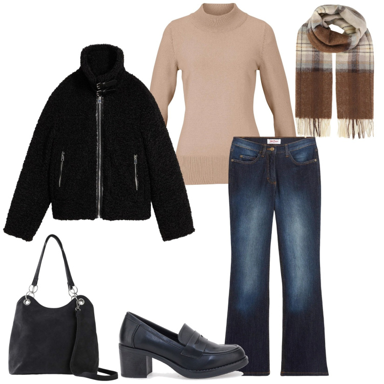 Outfit donna - Tutti i giorni. Stile Minimal per Tutti i giorni. Abbinamento con maglieria, ecopellicce, jeans bootcut, borse a mano, sciarpe, mocassini.