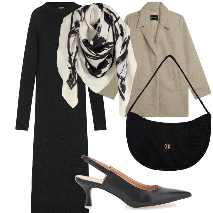 Outfit donna - Eleganza scontatissima. Stile Bon Ton per Ufficio. Abbinamento con foulard, borse a mano, cappotti, vestiti lunghi, décolleté.