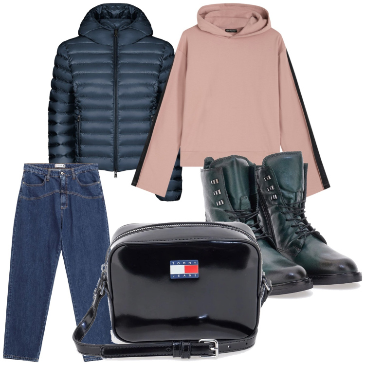 Outfit donna - Super sportiva. Stile Casual per Tutti i giorni. Abbinamento con jeans, felpe con cappuccio, bomber, anfibi, borse a tracolla.