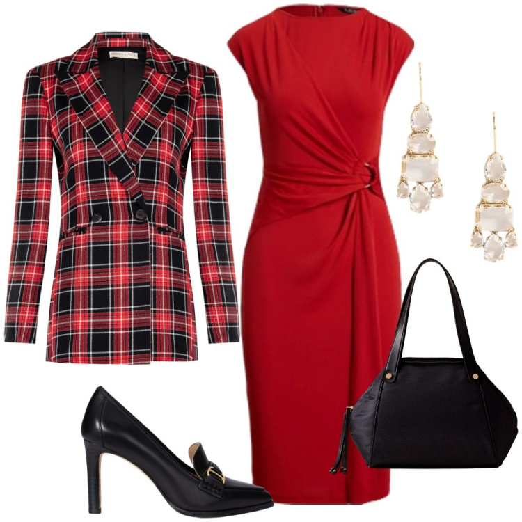 Outfit donna - Rosso Natale. Stile Chic per Serata fuori. Abbinamento con blazer, shopping bag, vestiti, orecchini, décolleté.